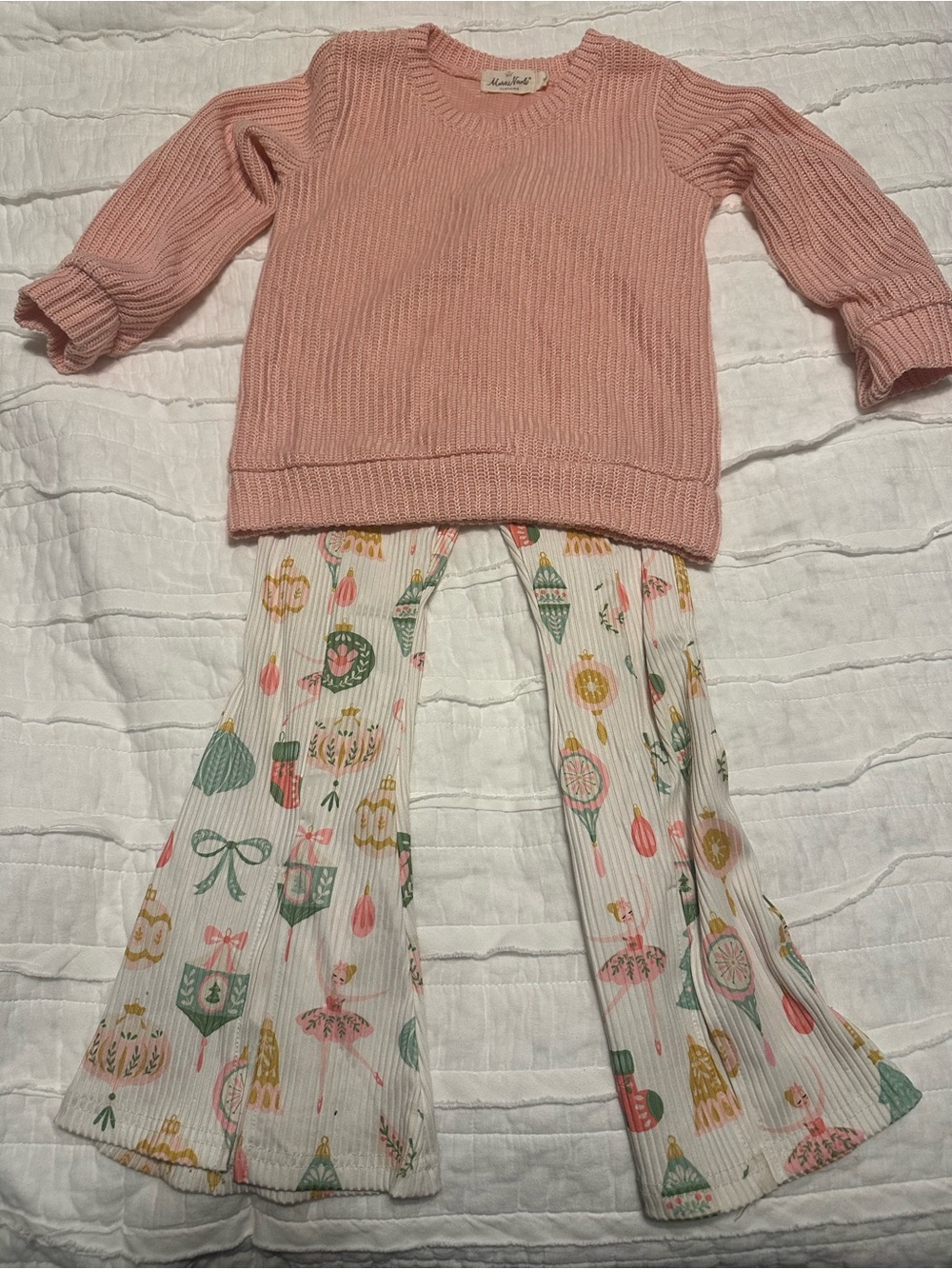 Dusty Rose Ribbed Knit Sweater with Printed Flare Pants